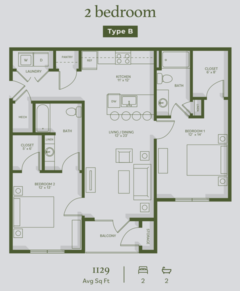 Floor plan for 2 beds, 2 baths, 1129 sqft